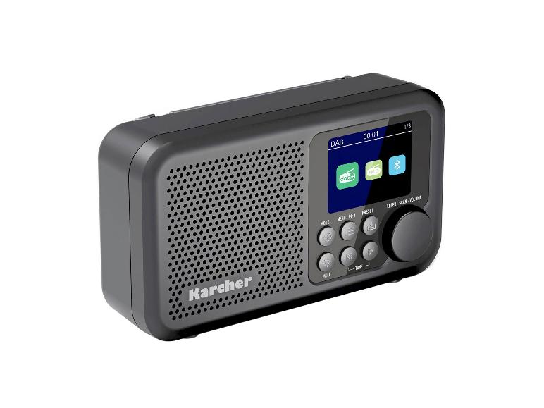 Tragbares Digitalradio mit Bildschirm, Bedientasten und Lautstärkeregler.