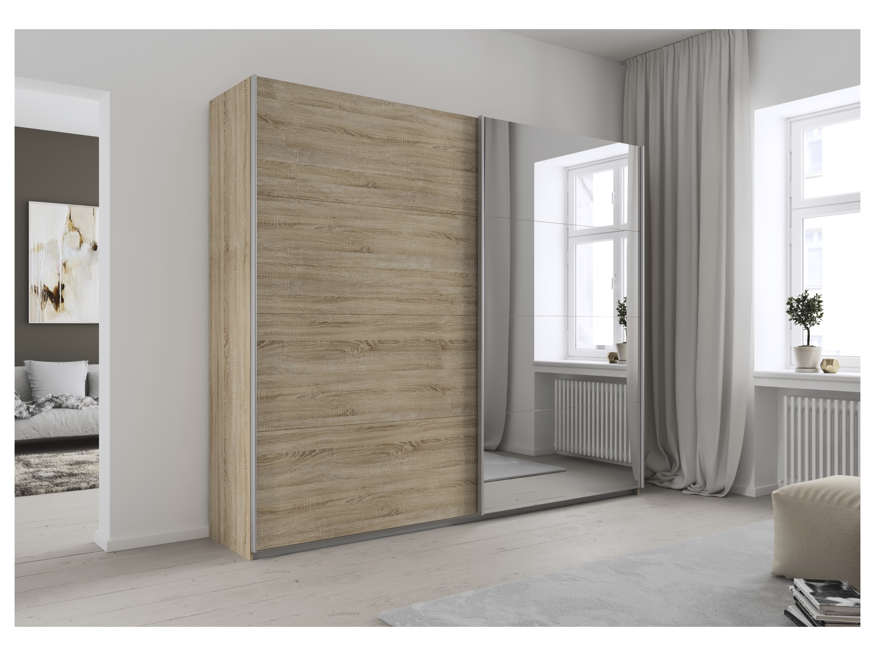 RAUCH ORANGE Quadra Schwebetürenschrank mit Spiegelelementen (Premium-Zubehör, Korpus: Eiche, 271 x 230 cm) – Bild 2 von 4