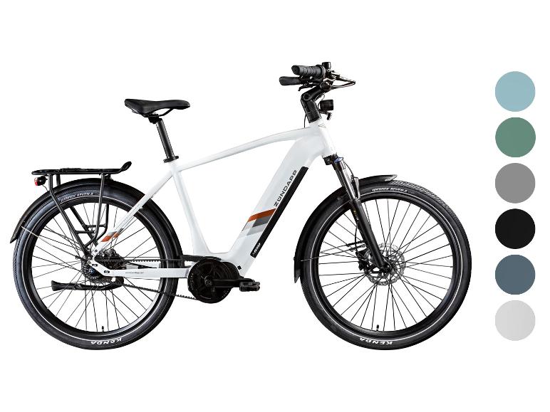 Weißes E-Bike mit Gepäckträger und mehreren Farboptionen.