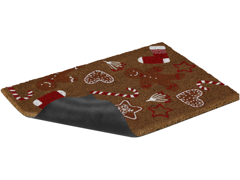 Fußmatte mit Weihnachtsmotiven wie Lebkuchenmännern, Zuckerstangen und Herzen