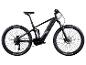 Schwarzes vollgefedertes E-Mountainbike mit grauen und violetten Akzenten.