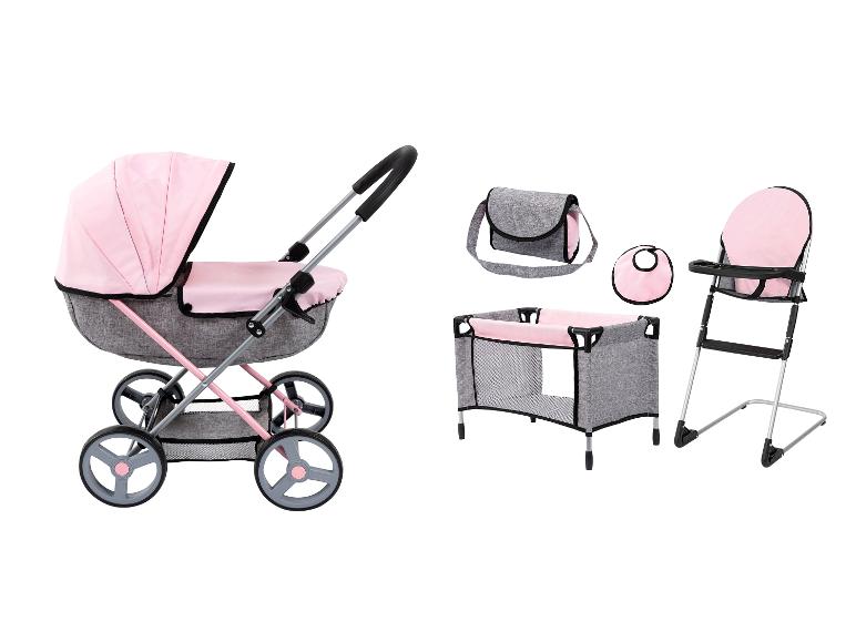 Rosa und grauer Spielzeug-Kinderwagen, Reisebett, Tasche, Lätzchen und Hochstuhl.