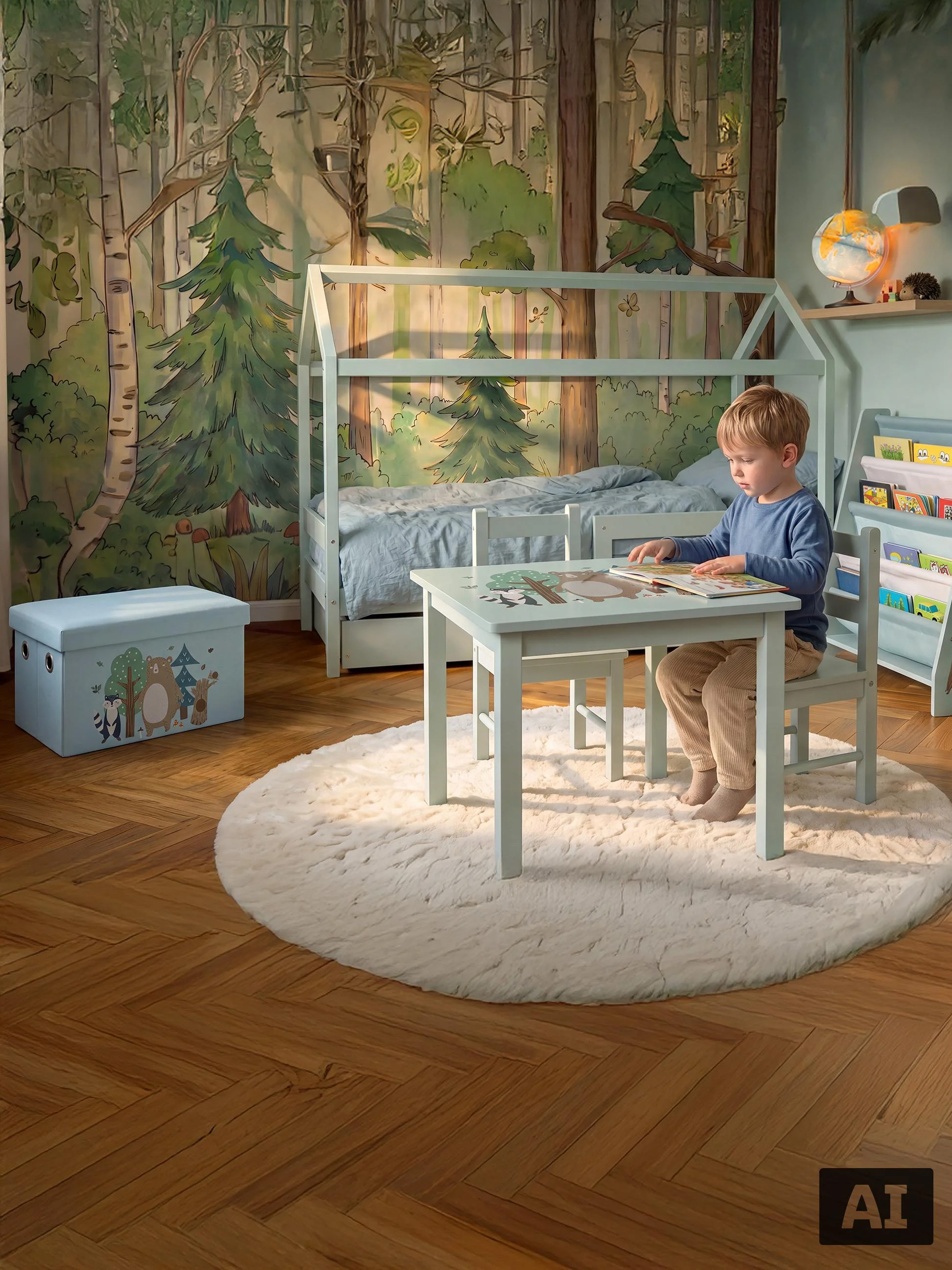 Kinderzimmer mit Holzhausbett, Kindersitzgruppe, Spielzeugtruhe und Teppich im Wald-Design.