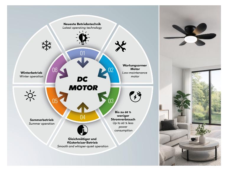 Deckenventilator mit DC-Motor: neueste Technik, wartungsarm, energiesparend, leise, Sommer-/Winterbetrieb.