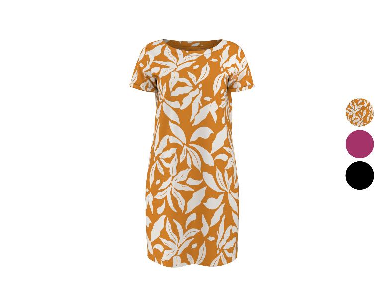 Damenkleid mit weißem Blattmuster auf orangefarbenem Hintergrund, mit Farboptionen.