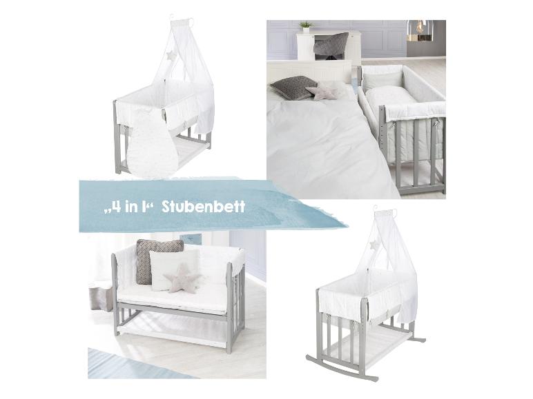 4-in-1 Stubenbett, grau-weiß, mit Himmel, als Babybett, Beistellbett und Bank dargestellt.