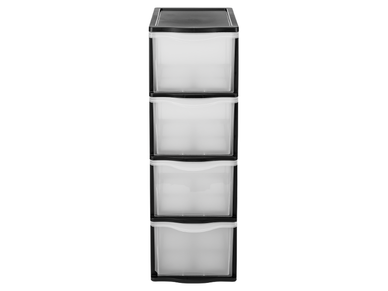 Schwarze Aufbewahrungsbox mit vier transparenten Schubladen.