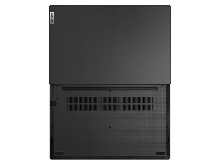 Offenes schwarzes Laptop mit sichtbarer Unterseite, Lüftungsschlitzen und Gummifüßen.
