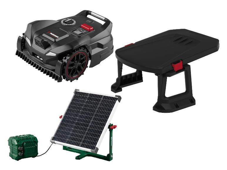 Mähroboter, Ladestation und Solarpanel mit Powerstation.