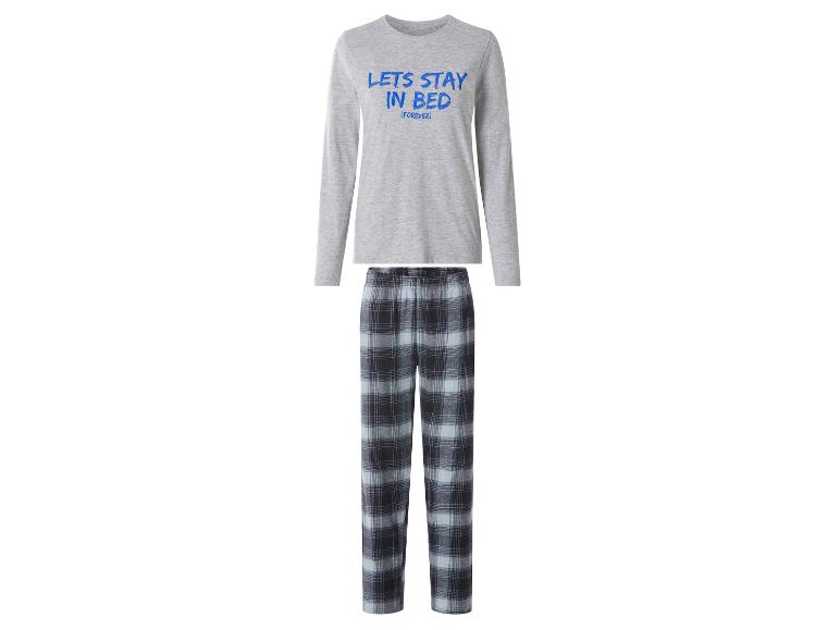 Grauer Langarm-Pyjama mit „LETS STAY IN BED (FOREVER)“-Aufschrift und karierter Hose.