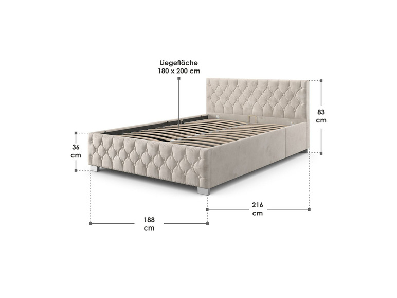 Ein beigefarbenes Bett mit einem gepolsterten Kopfteil und einem Lattenrost.