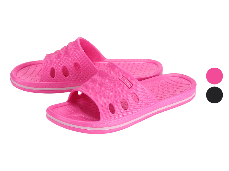Ein Paar pinke Badeschuhe mit Belüftungslöchern und weißen Streifen an der Sohle.