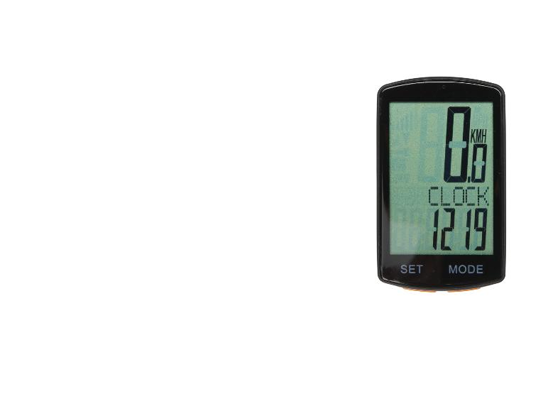 Fahrradcomputer mit Display, das Geschwindigkeit und Uhrzeit anzeigt