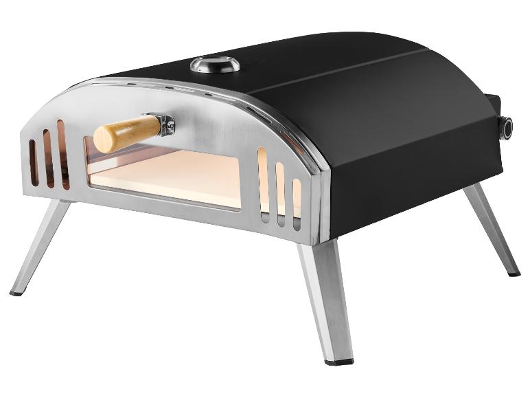 Tragbarer Pizzaofen in Schwarz und Silber mit Holzgriff und vier Beinen.