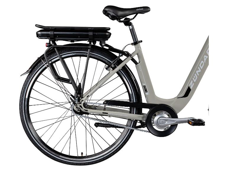 Graues Zündapp Z600 E-Bike mit Gepäckträger und Akku.