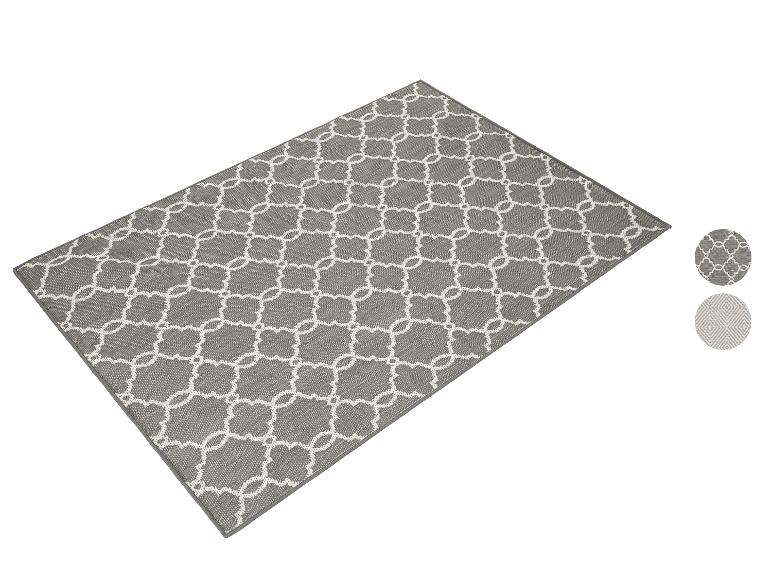 Grauer Teppich mit geometrischem Muster, verschiedene Designs verfügbar.