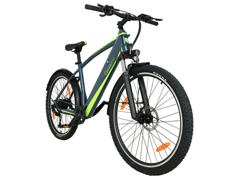 Ein grau-grünes Gazelle E-Mountainbike mit Kenda-Reifen.