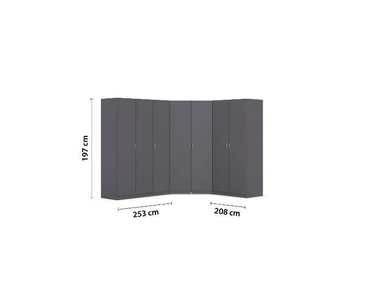 Dunkelgrauer Eckschrank mit Türen, 197 cm hoch, 253 cm breit und 208 cm tief.