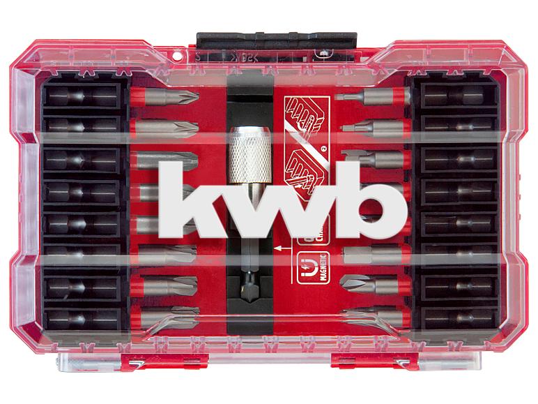 Rote transparente Box mit Schraubendreher-Bits und magnetischem Bithalter.