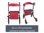 Ein roter Rollator mit Tasche und Sitz.