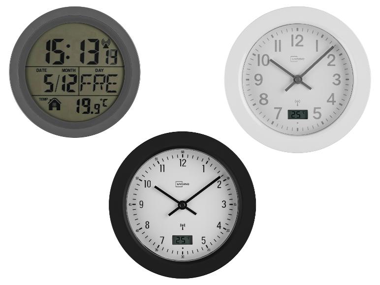 Drei runde Uhren: eine Digitaluhr mit Temperatur und Datum, und zwei analoge Uhren mit Temperaturanzeige, eine weiße und eine schwarze.