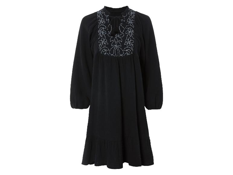 Langes schwarzes Boho-Kleid mit Stickerei und Perlendetails.