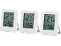 Drei weiße digitale Thermometer-Hygrometer, die 27,5°C und 56% Luftfeuchtigkeit anzeigen