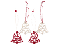 Set aus vier Weihnachtsglocken, zwei rote und zwei weiße, mit durchbrochenem Muster.