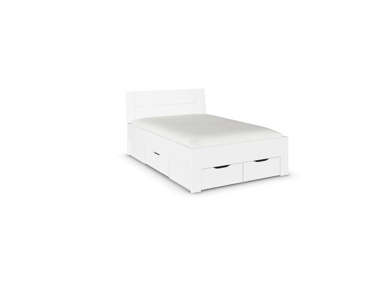Weißes Einzelbett mit Schubladen und weißer Matratze.