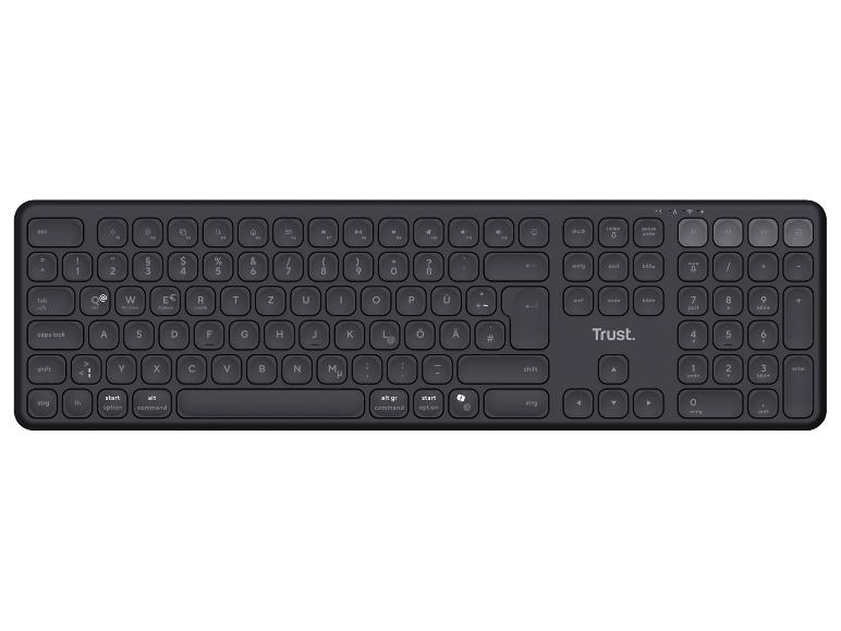 Schwarze kabellose Tastatur mit QWERTZ-Layout und Ziffernblock.