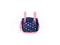 Dunkelblaue Puppenwagentasche mit pinken und weißen Sternen, pinken Trägern und Riemen.
