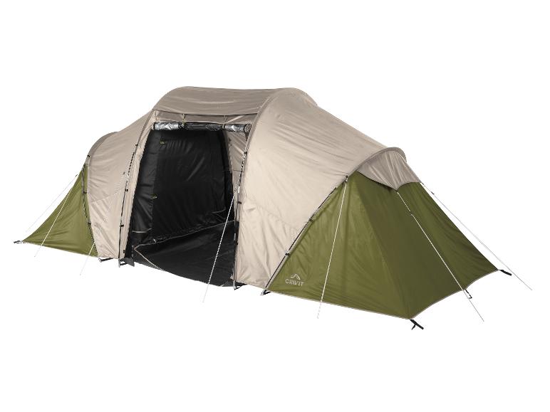 Großes Familienzelt in Beige und Olivgrün mit offenem Eingang.