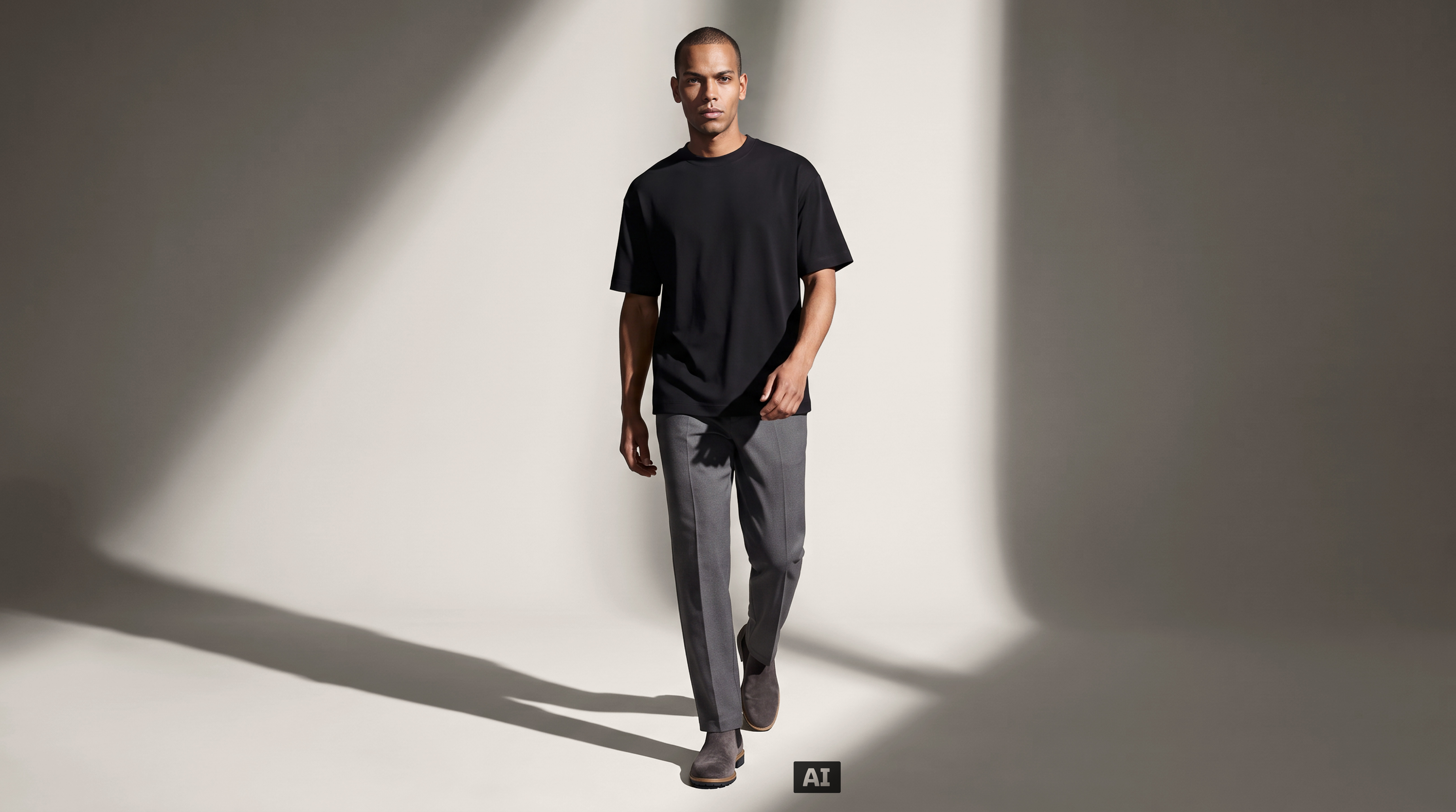 Dieses Bild ist KI-generiert: Ein männliches Model trägt das Oversized T-Shirt in der Farbe Schwarz. 