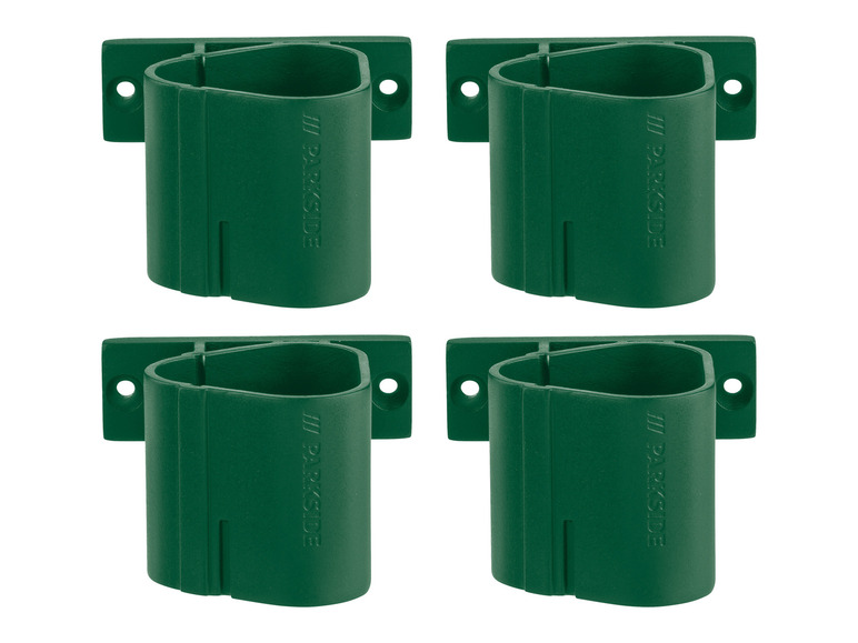 Vier grüne Parkside Wandhalter für Werkzeug.