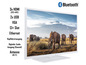 Ein weißer JVC Fernseher mit Bluetooth, 3 HDMI-Anschlüssen, 2 USB-Anschlüssen und einem Bild von Elefanten