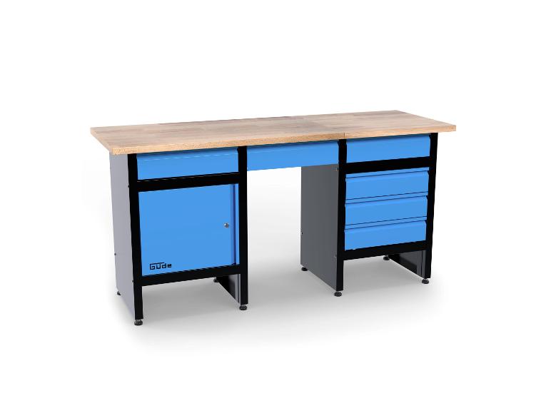 Blaue und schwarze Werkbank mit Holzplatte, Schubladen und Schrank.