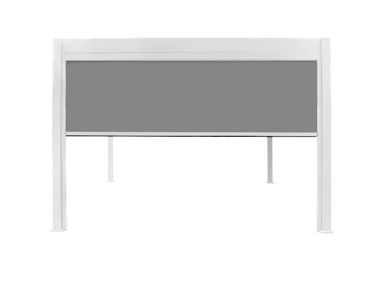 Graues Sonnensegel mit weißem Gestell.