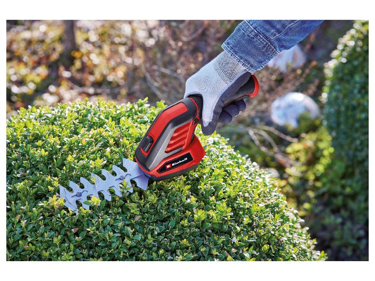 Person in Handschuhen schneidet eine grüne Hecke mit einer rot-schwarzen Akku-Heckenschere.