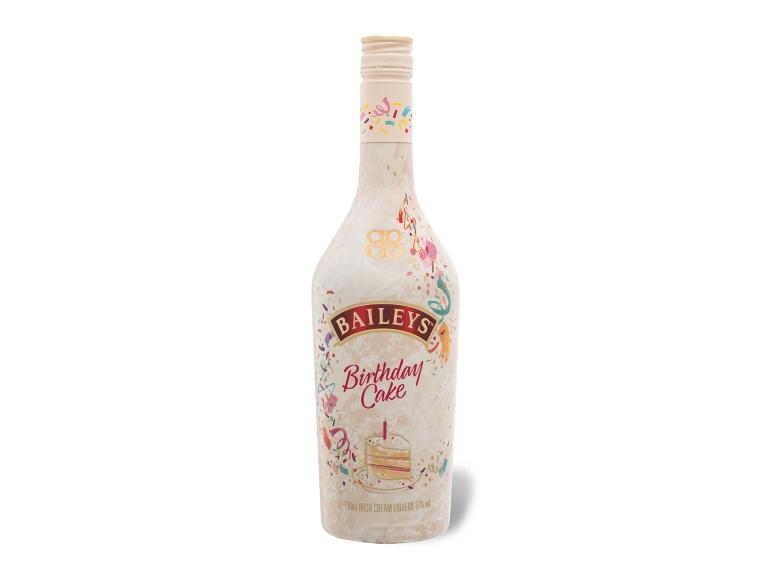 Flasche Cremelikör mit Geburtstagstorten-Thema und Konfetti-Design.