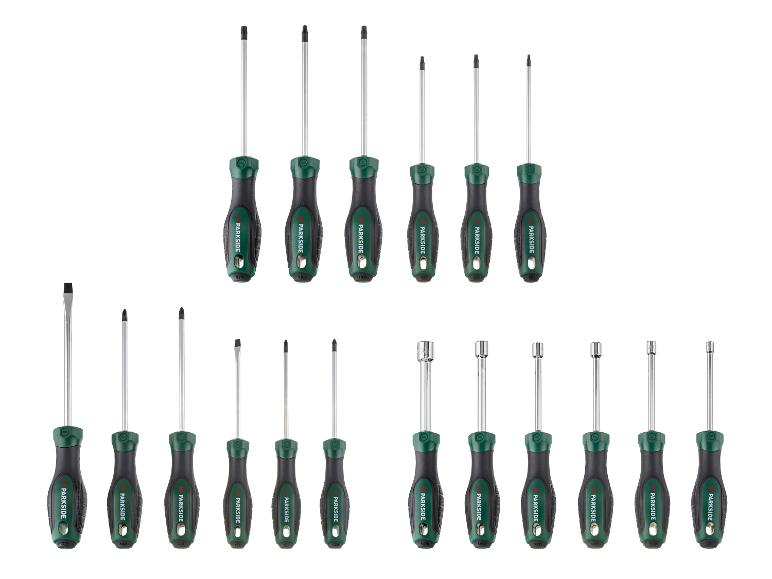 PARKSIDE Schraubendreher-Set mit verschiedenen Bit-Typen und Steckschlüsseln.