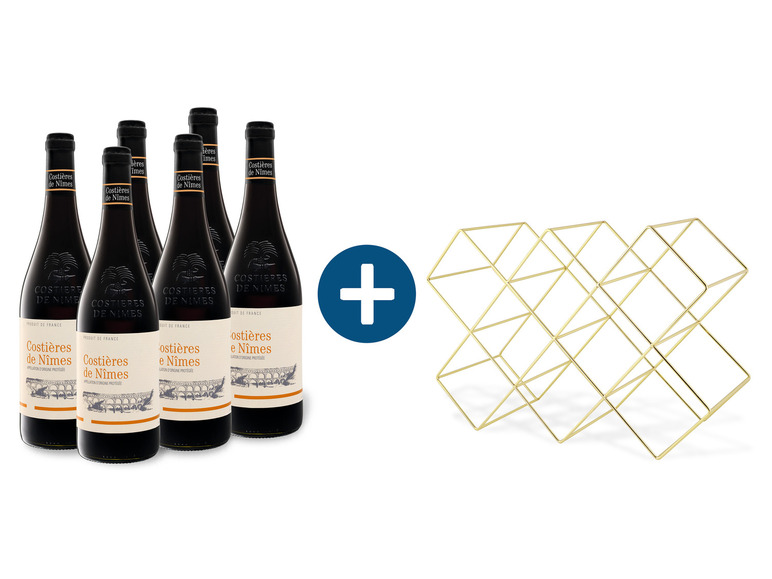 6 x 0,75-l-Flasche Weinpaket Costières de Nîmes AOP trocken, Rotwein + Weinregal