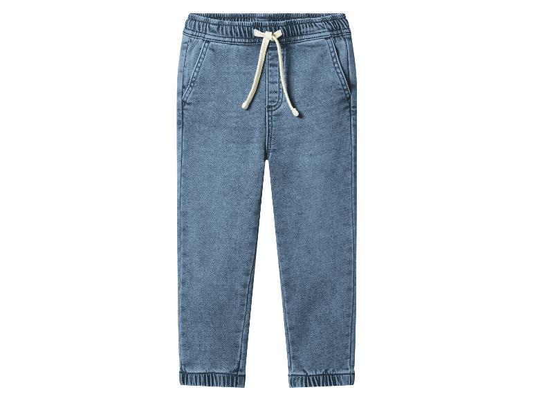 Blaue Kinder-Jogger-Jeans mit elastischem Bund und Kordelzug.