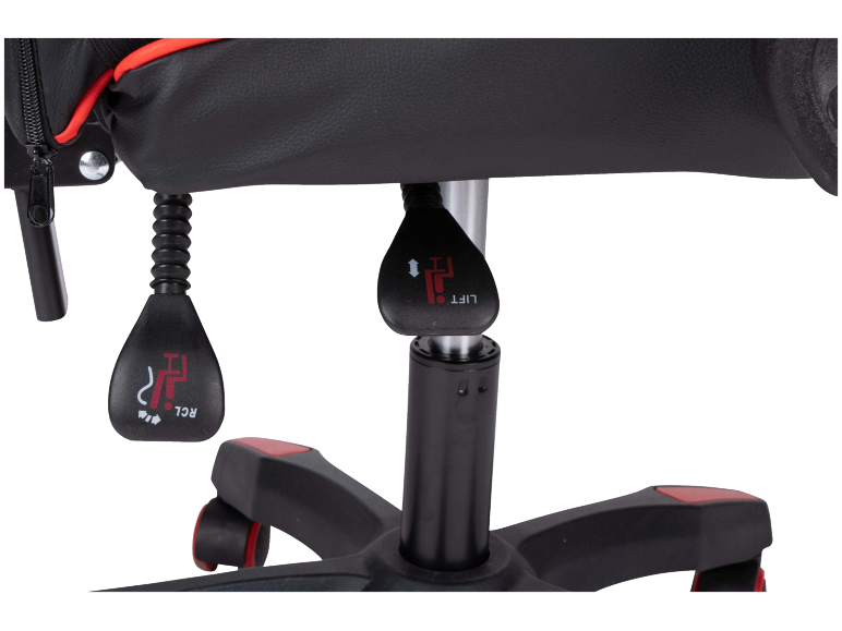 Detailansicht der Einstellhebel eines schwarz-roten Gaming-Stuhls.