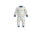 Weißer Baby-Strampler mit bunten Micky-Maus-Kopfmustern und blauen Bündchen