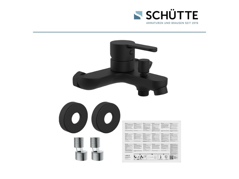 Eine schwarze Duscharmatur von Schütte mit zwei runden Abdeckungen