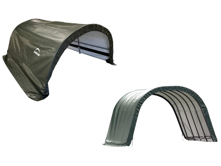 Zwei grüne bogenförmige Lagerzelte mit weißem Innenraum.