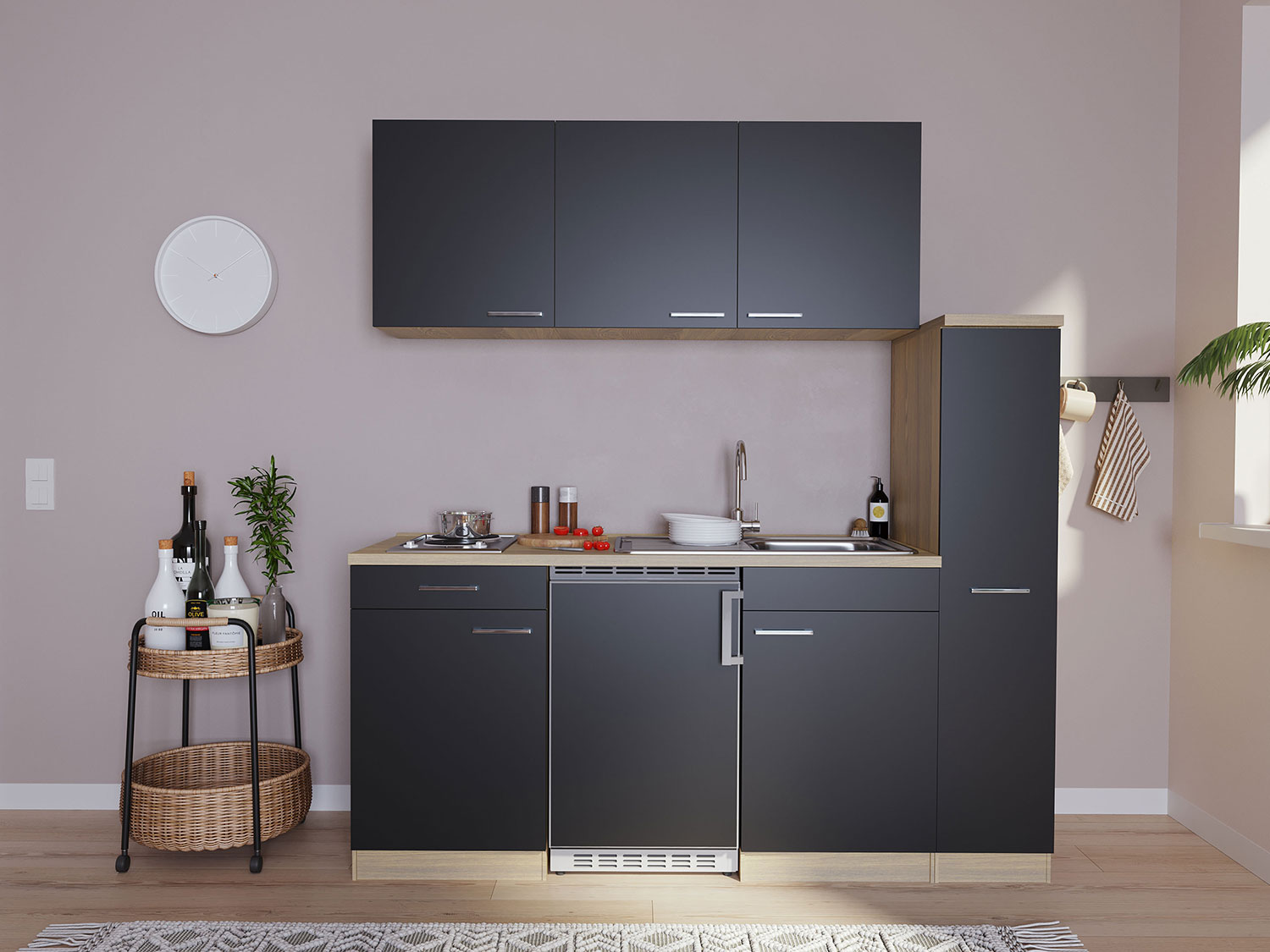 Respekta Singleküche Eiche Sonoma Sägerau 150/160/180cm (ohne Mikrowelle, schwarz mit Kochmulde, Breite 180cm) | 04260344974191