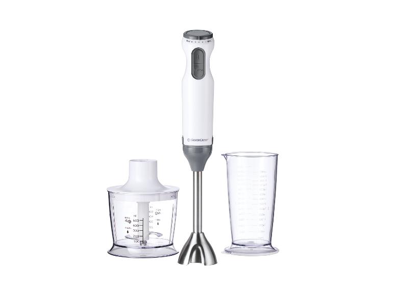 Weißer SILVERCREST Stabmixer mit Zerkleinerer und Messbecher.