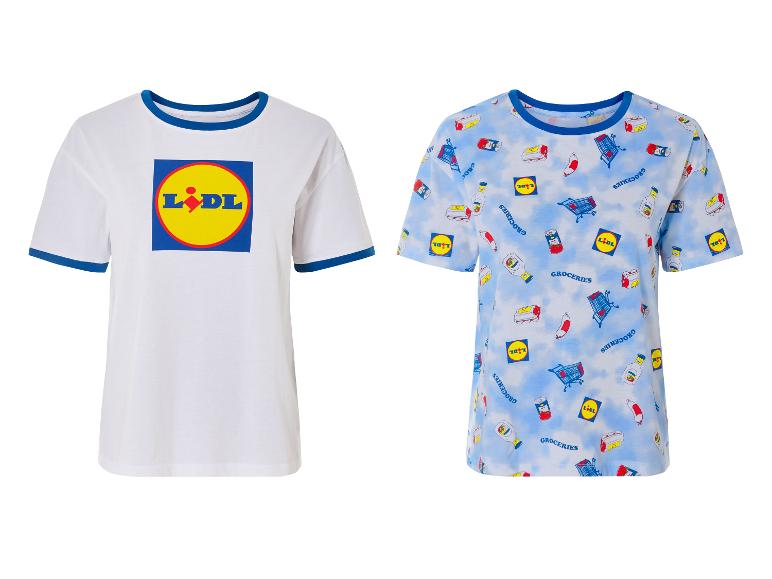 Lidl T-Shirts: weißes Modell mit Logo und hellblaues Modell mit Lebensmittelprint.