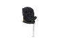 Schwarzer Kindersitz mit 5-Punkt-Gurt und Isofix-Basis, auf weißem Hintergrund.